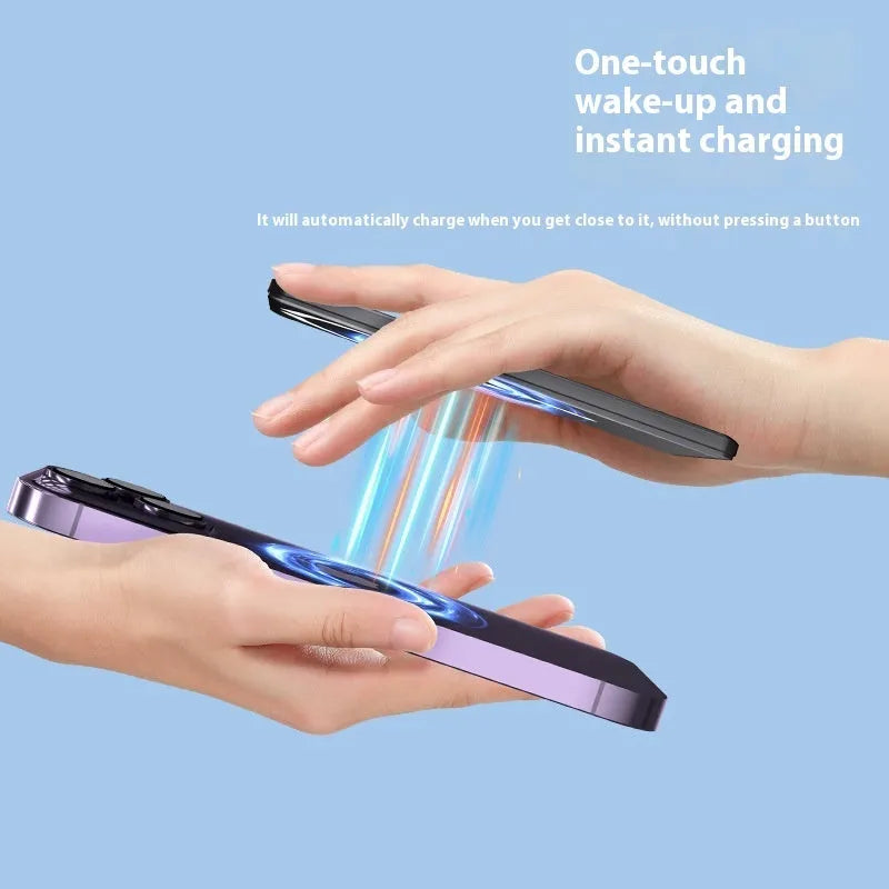 Ultra-thin dark grey magnetic power bank showing 9mm slim profile and compact size