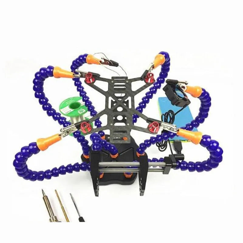 Black and purple six-claw aluminium alloy welding station tool with multiple arms for model repair soldering.