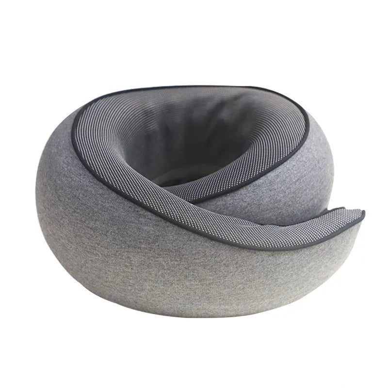 U-shaped memory foam travel neck pillow in dark grey with storage bag