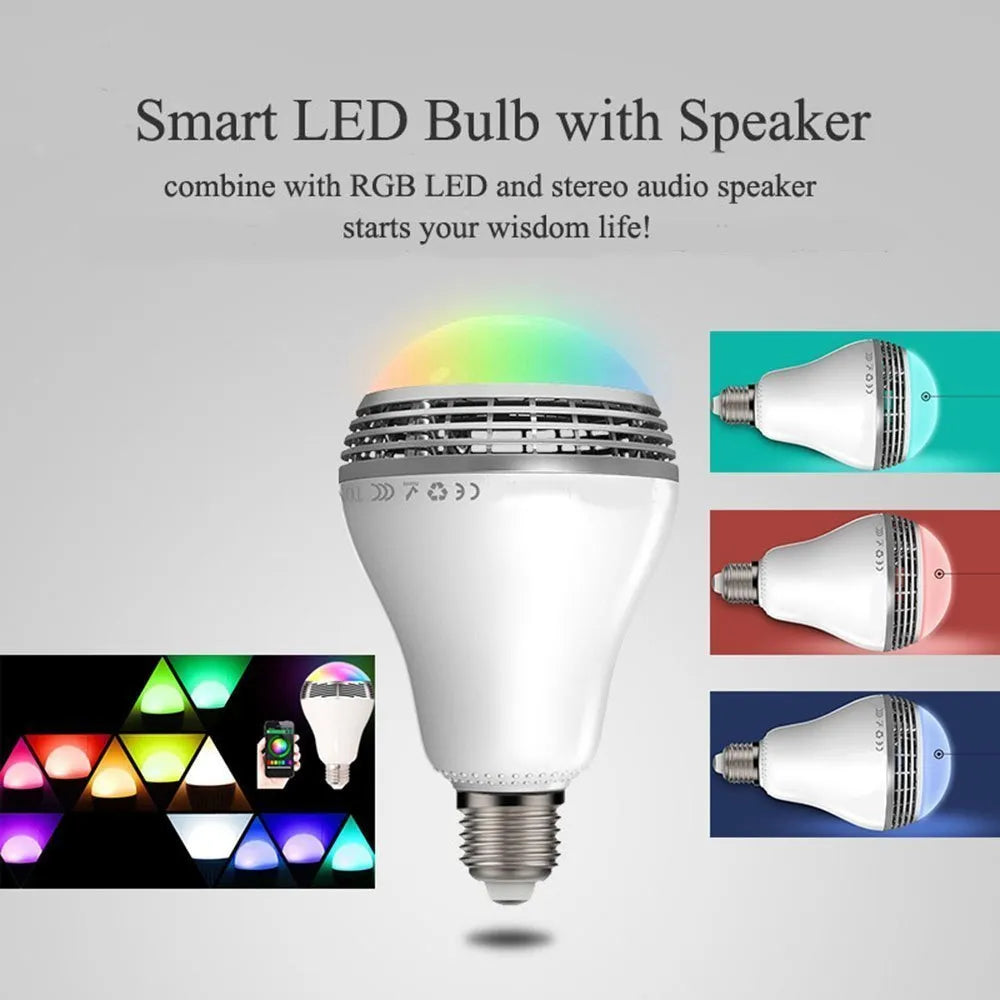 E27 LED smart bulb with Bluetooth speaker, showing multi-colour RGB lighting and dimensions of 100mm by 150mm.