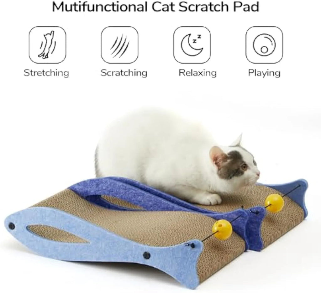 Blue fish-shaped corrugated cardboard cat scratcher lounge with bell ball toy attached.