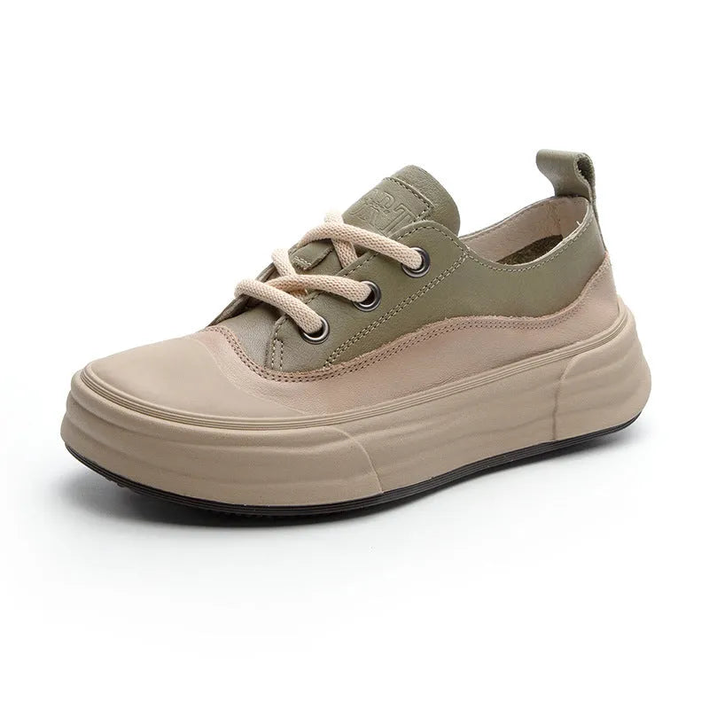 Women's leather low-top platform sneakers in matcha green, purple, and orange colours with front lace-up.