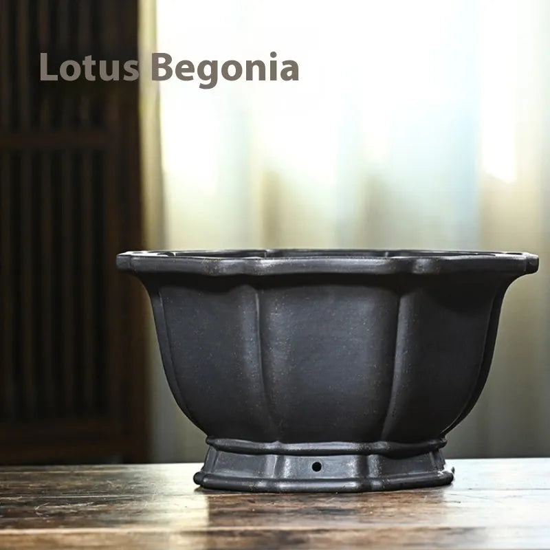 Handmade purple sand round flower pot with ancient copper clay finish for indoor plants
