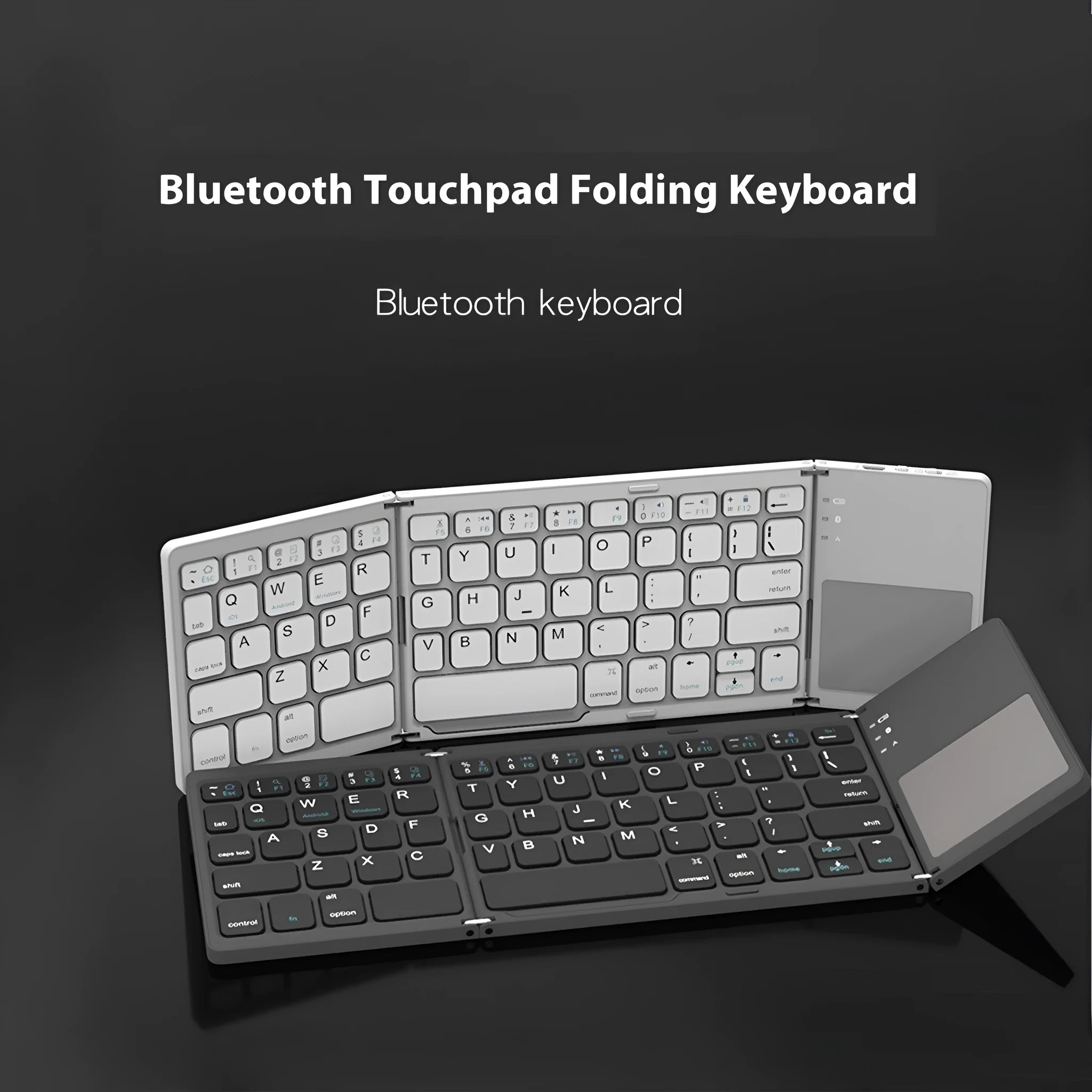 Mini tri-fold Bluetooth keyboard showing folded compact size with silver ABS plastic finish