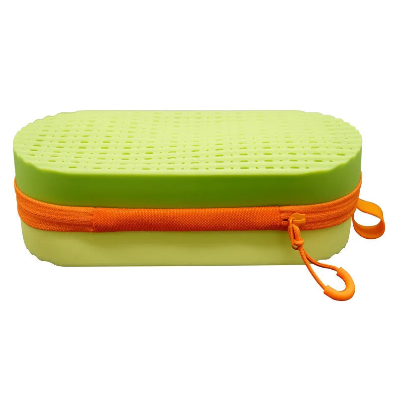 Silicone glasses case with long handle in rose red light purple colour, showing size.