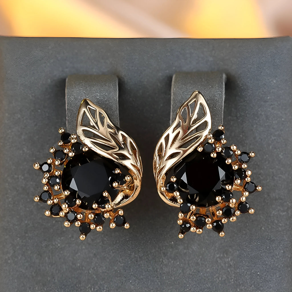 Round floral earrings with feather zircon arrangement in champagne gold with six diamond colour options