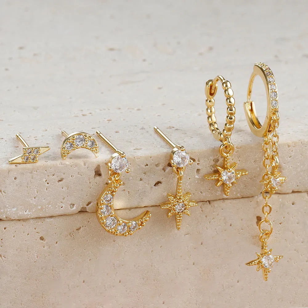 Gold chain tassel earrings set with zircon studs, six pieces electroplated on copper