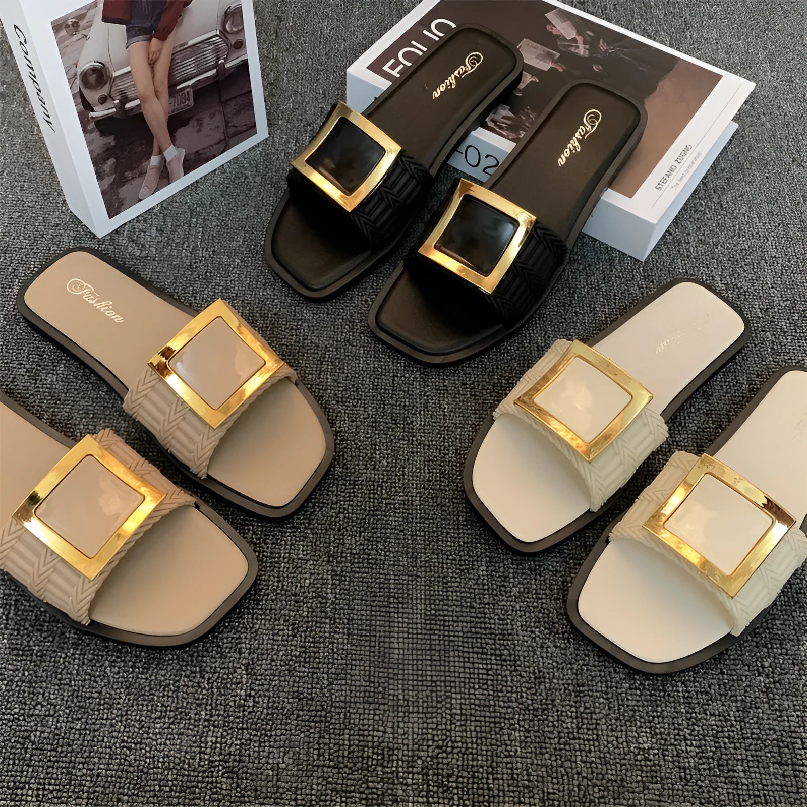 Women's casual summer flat slippers in apricot, black, or khaki with a non-slip PVC sole.