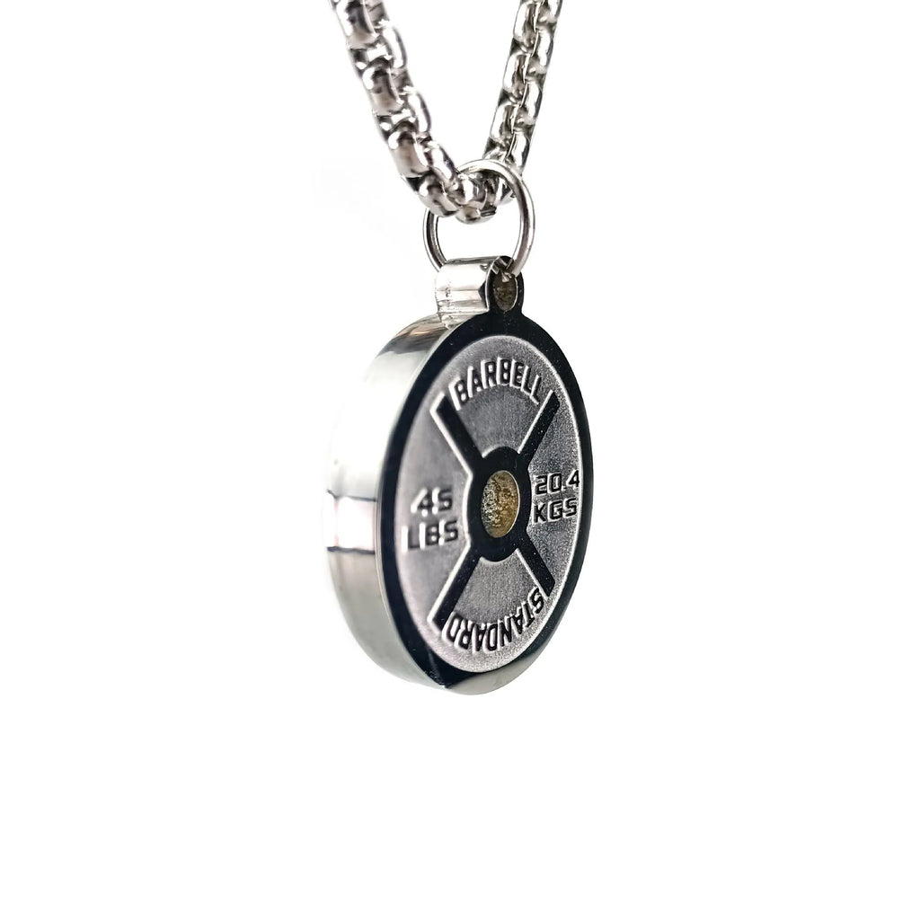 Stainless steel geometric barbell disk necklace with polished finish and chain options