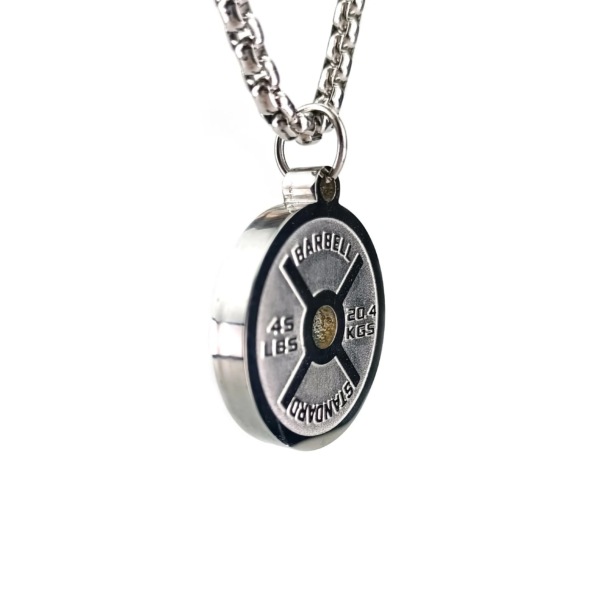 Stainless steel geometric barbell disk necklace with polished finish and chain options