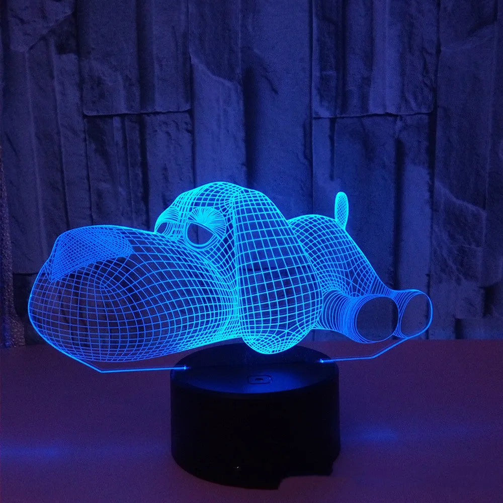 Doggo 3D illusion desktop lamp glowing in blue colour with touch button control.