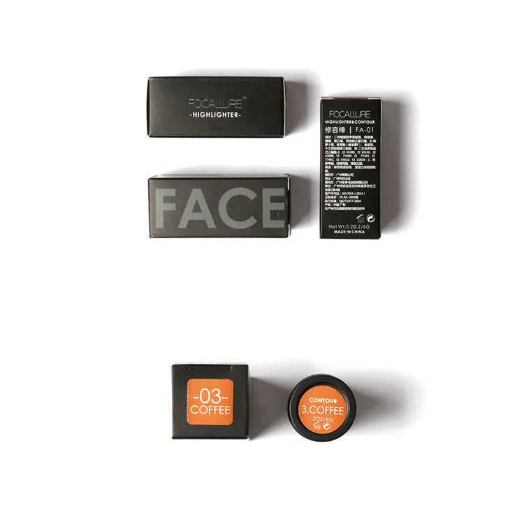 Face contour highlighter makeup product shown in four colour variants A, B, C, D for cheek and brow bone application.