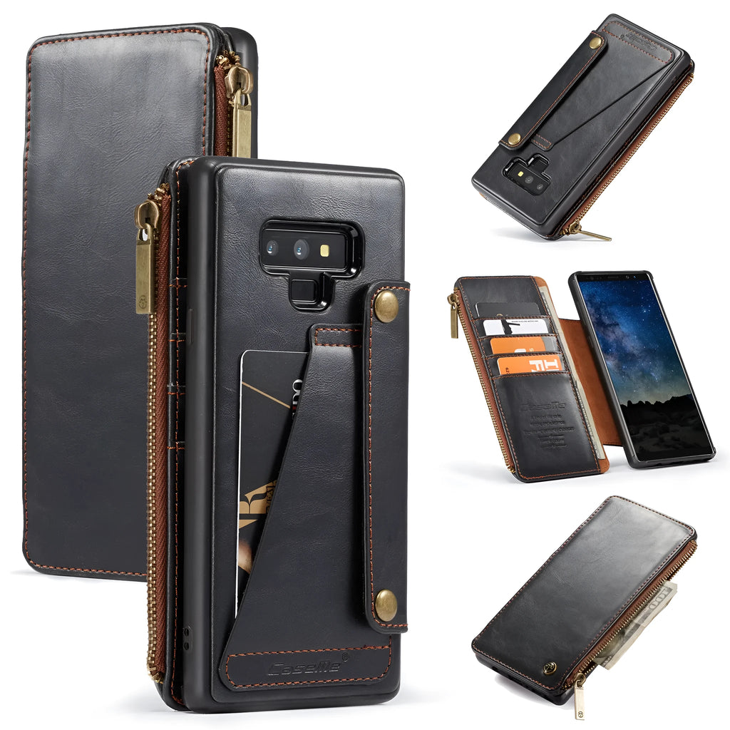 Black PU leather flip phone case for SAMSUNG Note9 shown open and closed
