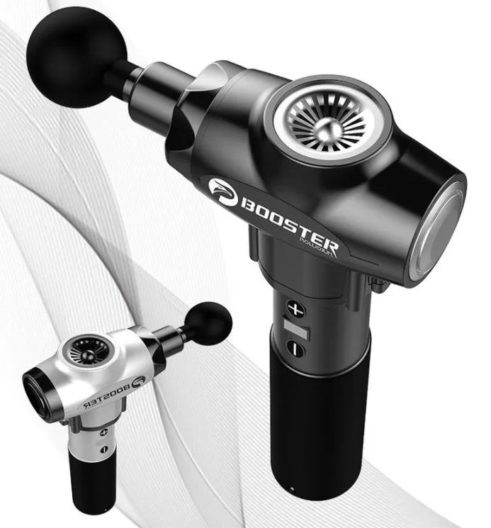 Black and white percussion muscle massage gun with adjustable speed settings