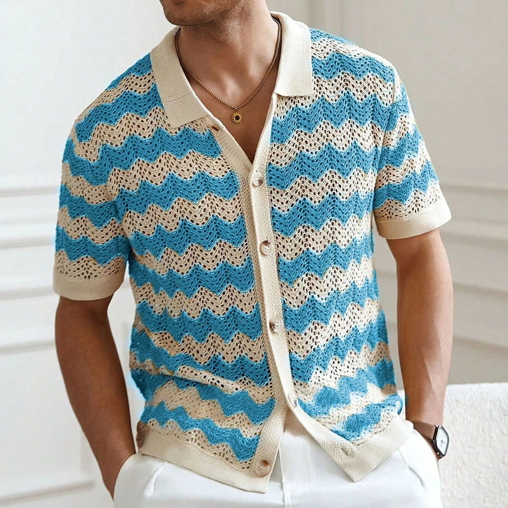 Short sleeve hollow jacquard corrugated sweater in Tencel viscose fabric showing textured surface and flocked detailing