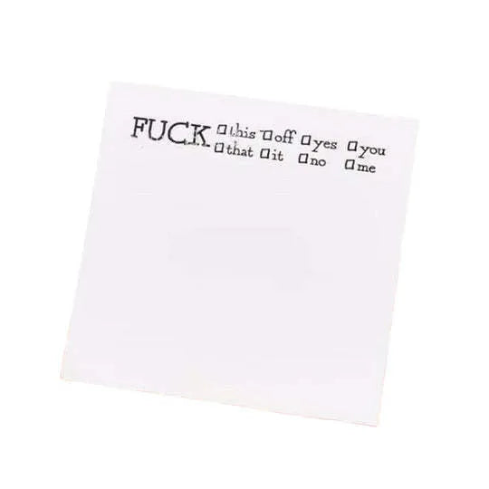 Square 7.5cm sticky notes pad with printed cover designs including Fuck Sticky Notes