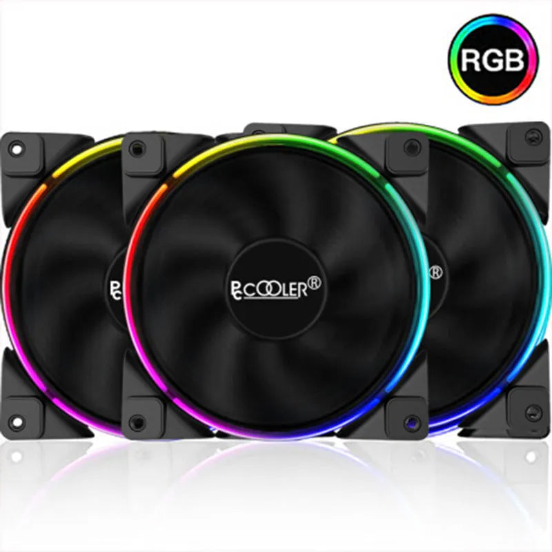 Three black 12cm PC case fans with RGB lighting blades and hydraulic bearings.