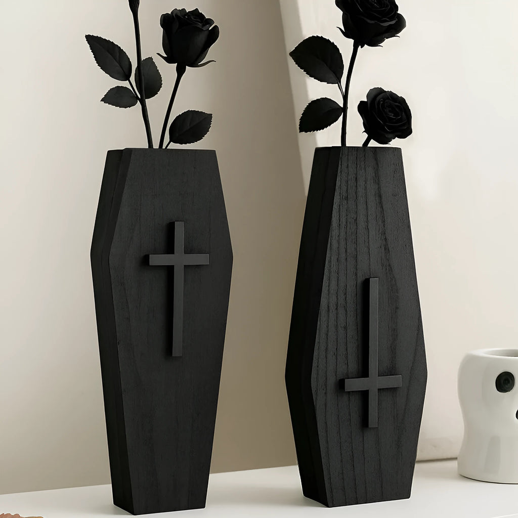 Black cross-shaped wooden wall vase shelf for decorative display measuring 27cm wide by 9cm tall