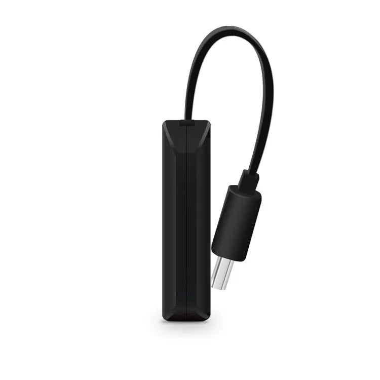 Black USB HDMI dongle for screen mirroring phones to TV, showing compact size and connectors.