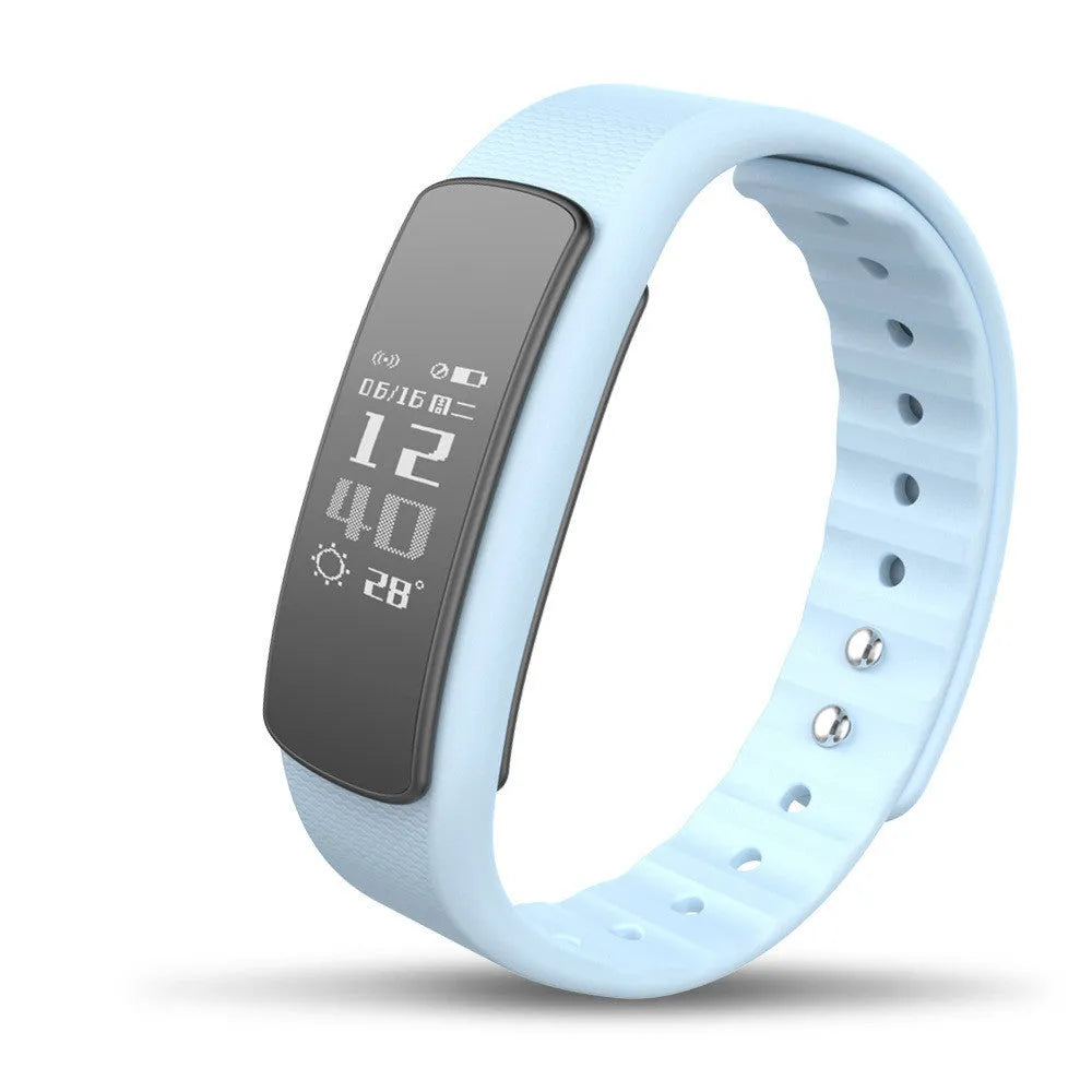I6 smart sports bracelet with 0.96-inch screen showing fitness tracking interface on wrist
