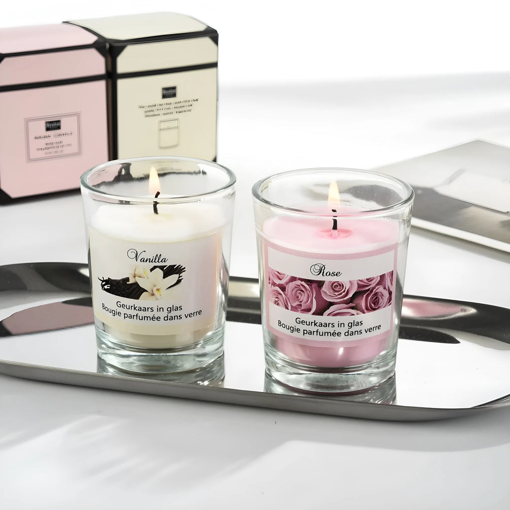 Handmade plant wax soy candle in transparent glass cup 5x6cm boxed pink