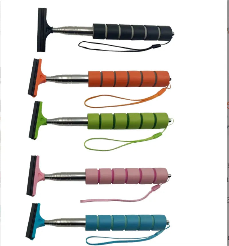 Retractable stainless steel car rearview mirror wiper shown extended, in multiple colour options.