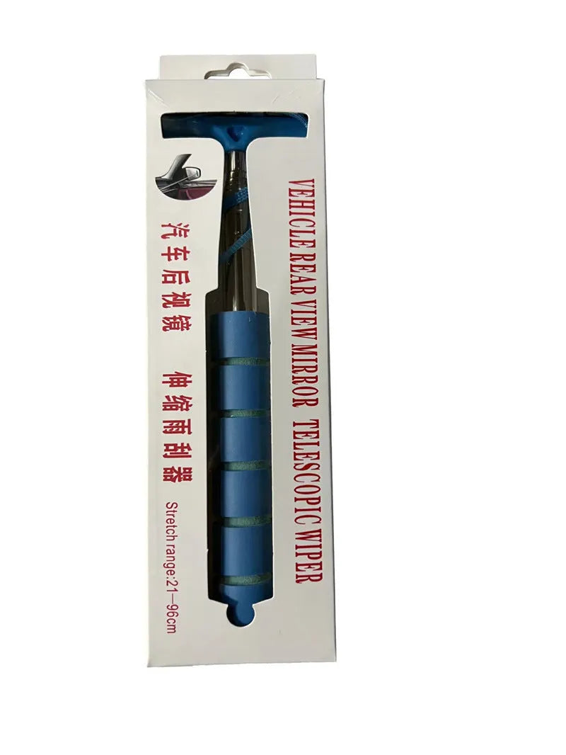 Retractable stainless steel car rearview mirror wiper shown extended, in multiple colour options.
