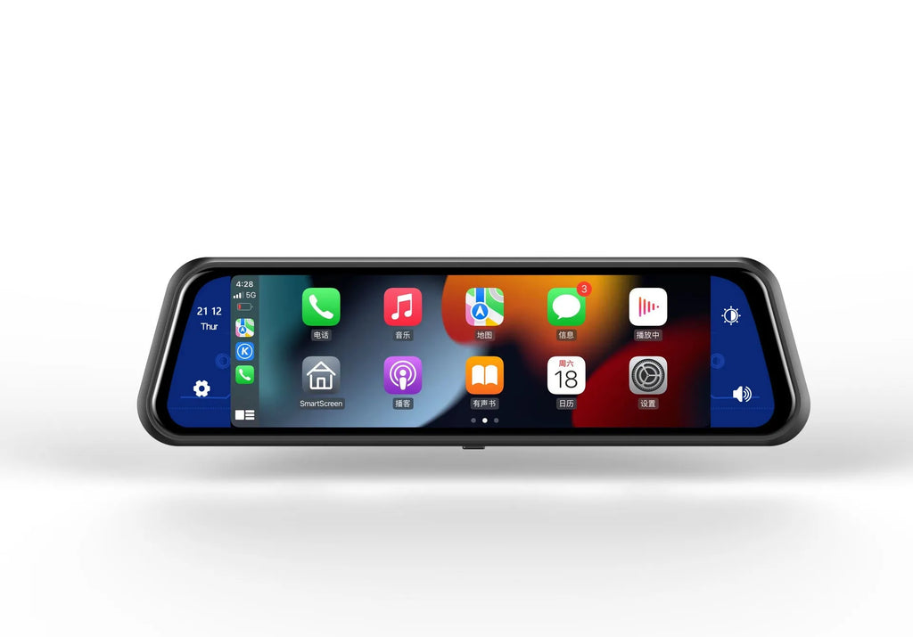Black dual-lens driving recorder with 9.66 inch touch screen mounted on rearview mirror showing 4K interface