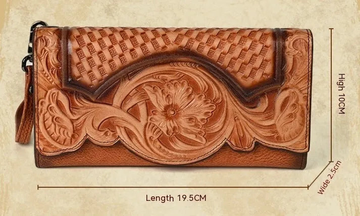Women's brown genuine leather tri-fold wallet with embossed floral pattern showing interior compartments