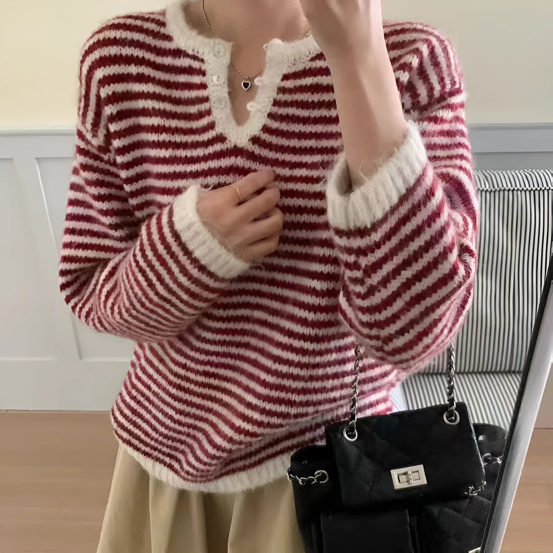Women's red and blue striped cashmere pullover sweater with plaid pattern