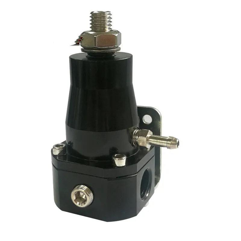 Black aluminium fuel pressure regulator with adjustment port for automotive fuel systems
