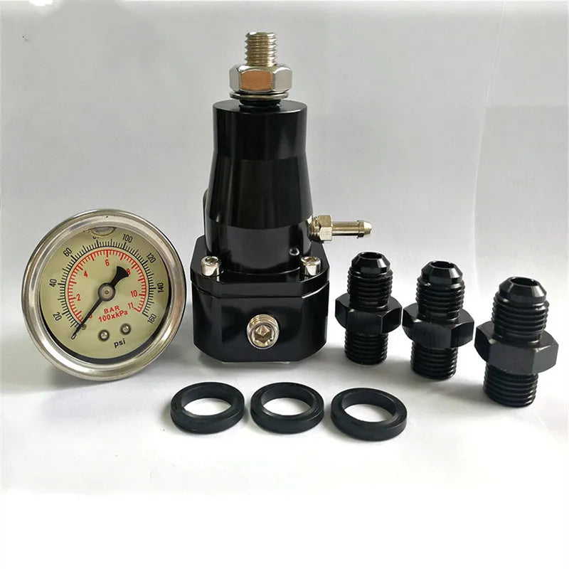 Black aluminium fuel pressure regulator with adjustment port for automotive fuel systems