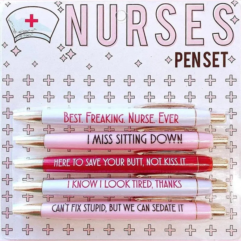 Five nurse-themed ballpoint pens with humorous medical copywriting in plastic retractable design