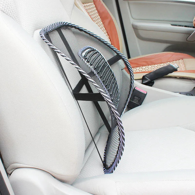Black leather lumbar support pillow with steel wire frame measuring 41 x 39 cm