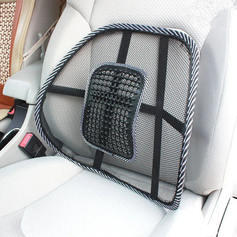 Black leather lumbar support pillow with steel wire frame measuring 41 x 39 cm