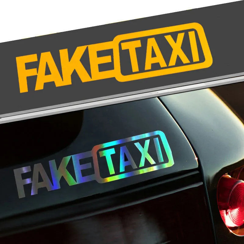 Black Fake Taxi car window sticker on glass, showing waterproof PET material and 20cm by 8cm size.