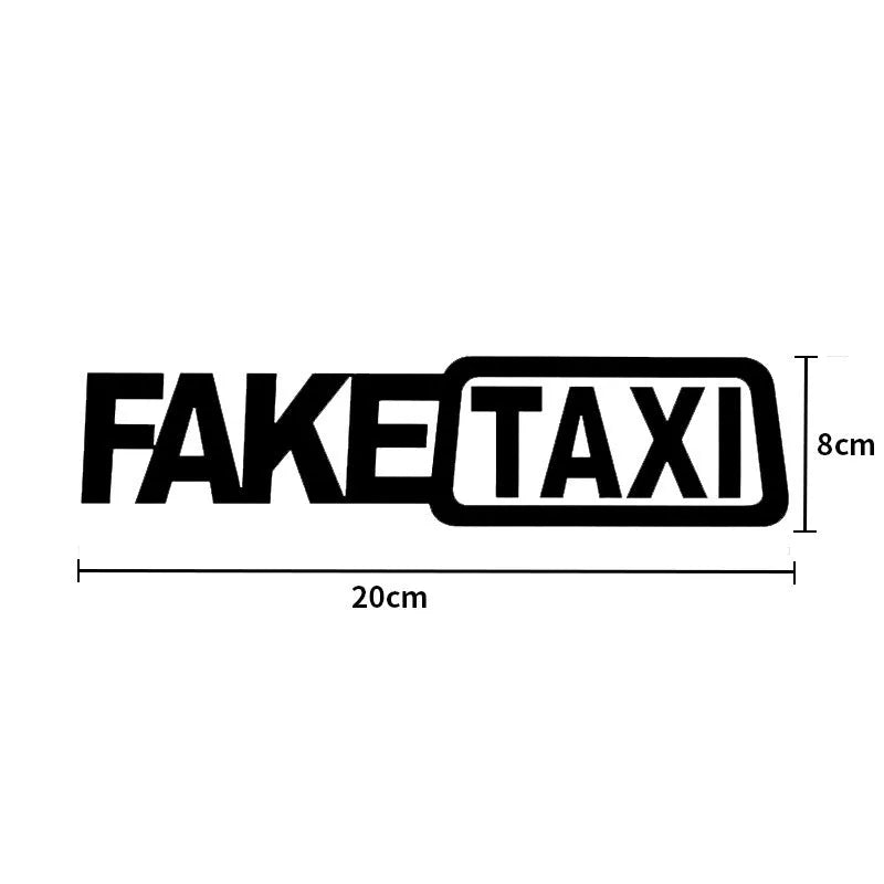 Black Fake Taxi car window sticker on glass, showing waterproof PET material and 20cm by 8cm size.