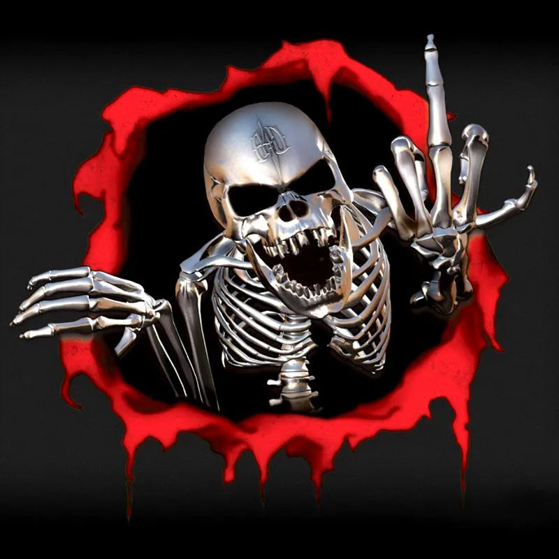Reflective metal skull car bumper sticker with colourful broken shell design, 15cm x 14cm