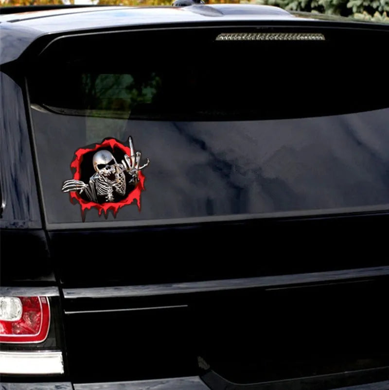 Reflective metal skull car bumper sticker with colourful broken shell design, 15cm x 14cm