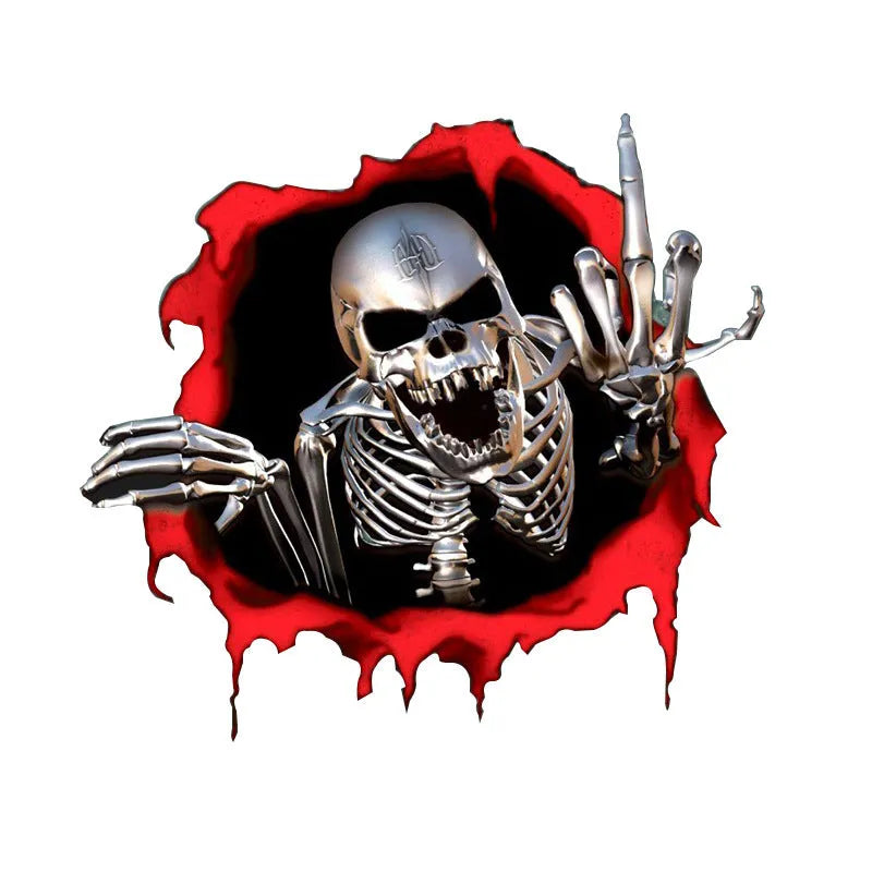 Reflective metal skull car bumper sticker with colourful broken shell design, 15cm x 14cm