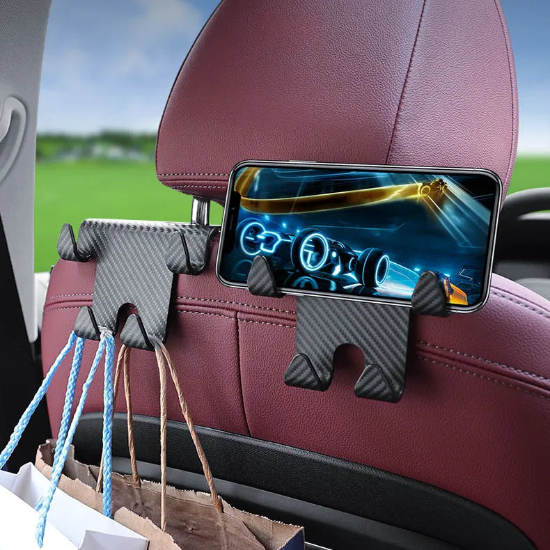 Black ABS plastic car hook with an integrated mobile phone holder bracket for rear seat organisation.