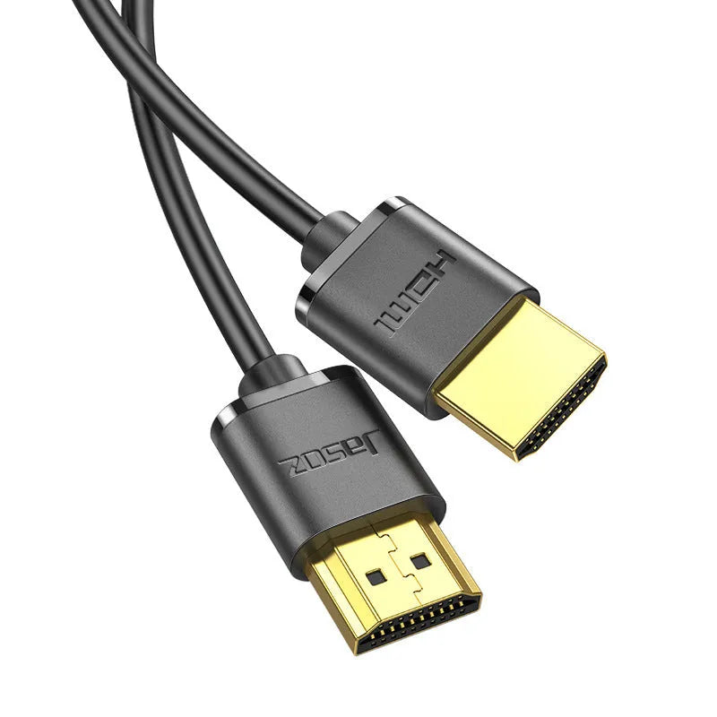 Black flexible HDMI cable with gold-plated connectors, shown at various lengths for computer and monitor use.