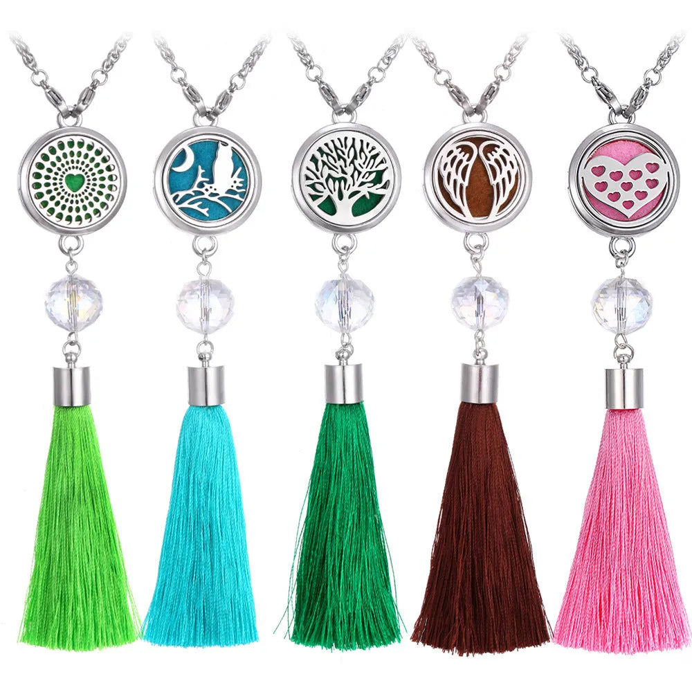 Alloy tassel car pendant with chain hanging, showing 12mm diameter fragrance compartment and coloured cotton inserts