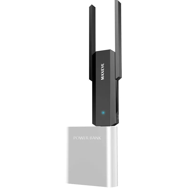 Black 300M WiFi signal amplifier with MTK chip and hidden heat sinks, 116mm by 45mm by 14mm PC casing