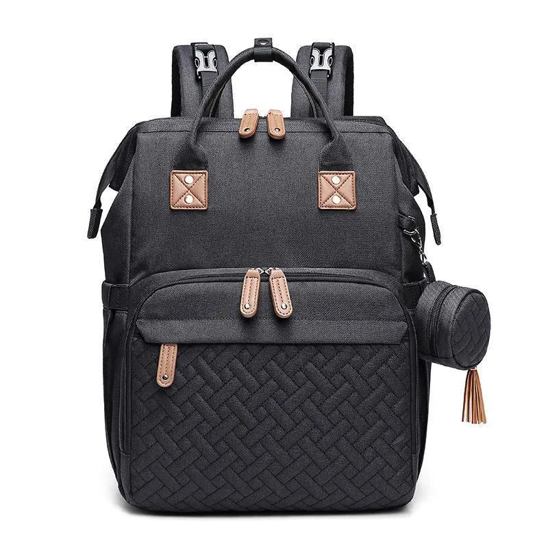 Oxford baby diaper backpack in black with vertical square shape, soft handles, and visible sewing lines