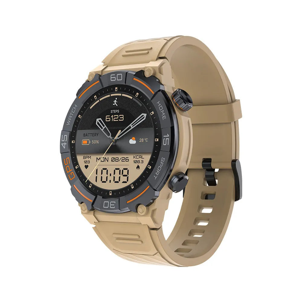 MG02 smart watch in black, khaki, or silver orange with a strap, showing its display and Bluetooth calling feature.