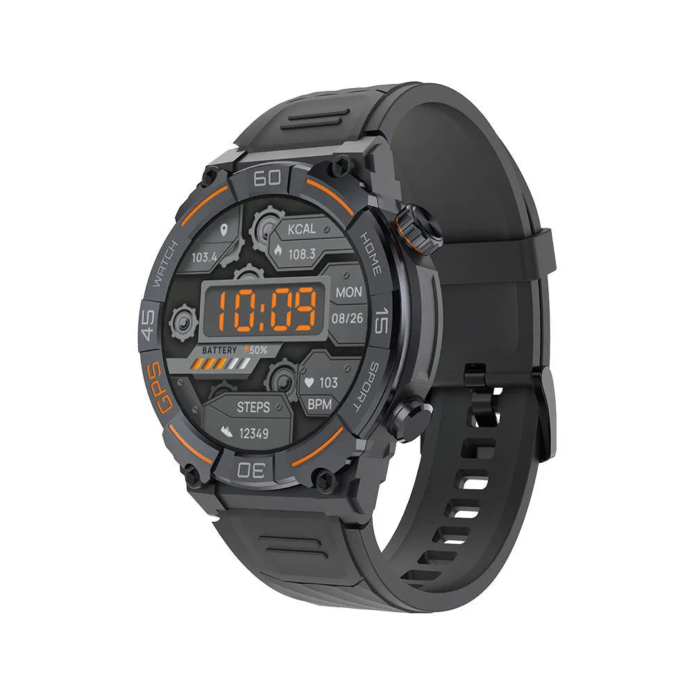 MG02 smart watch in black, khaki, or silver orange with a strap, showing its display and Bluetooth calling feature.