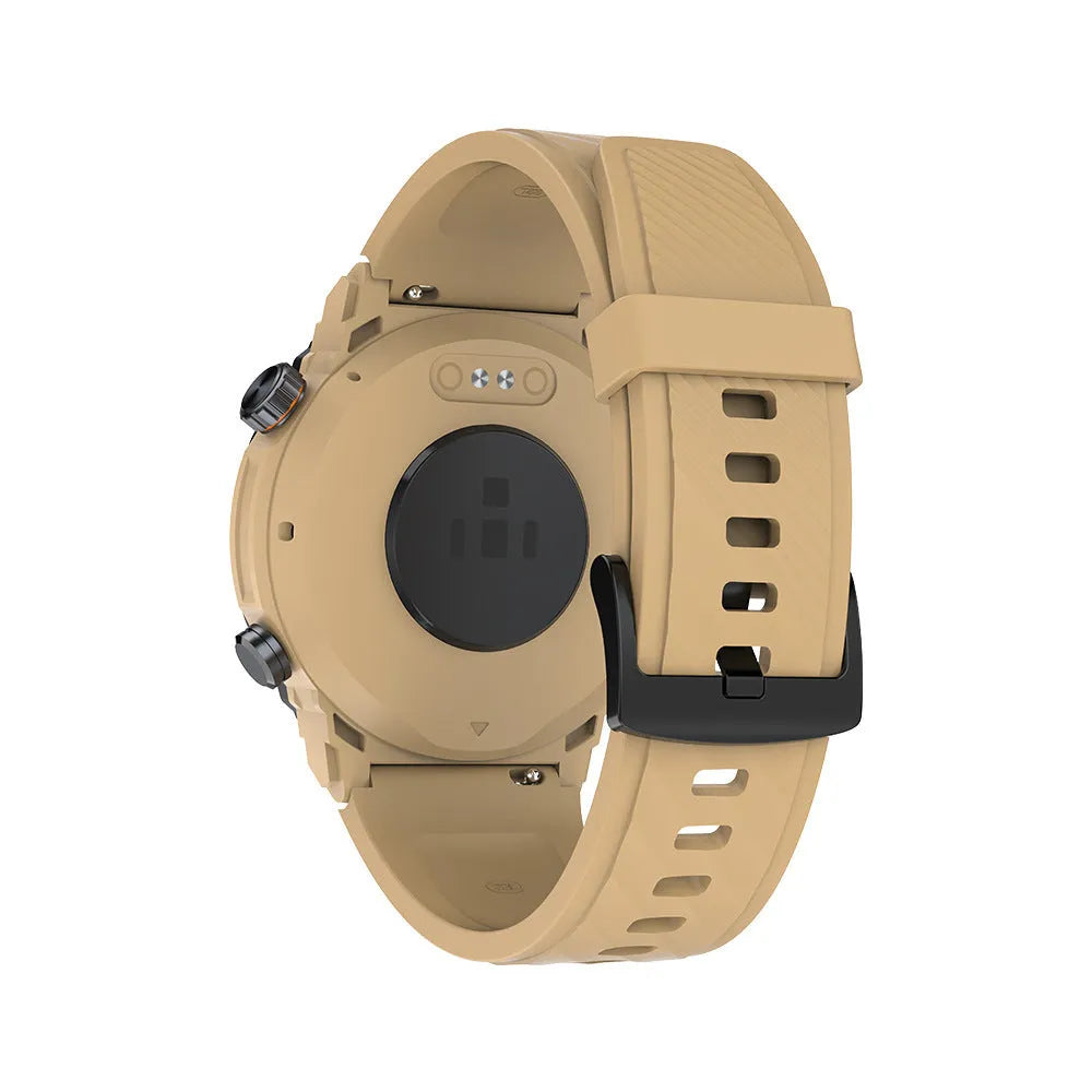 MG02 smart watch in black, khaki, or silver orange with a strap, showing its display and Bluetooth calling feature.