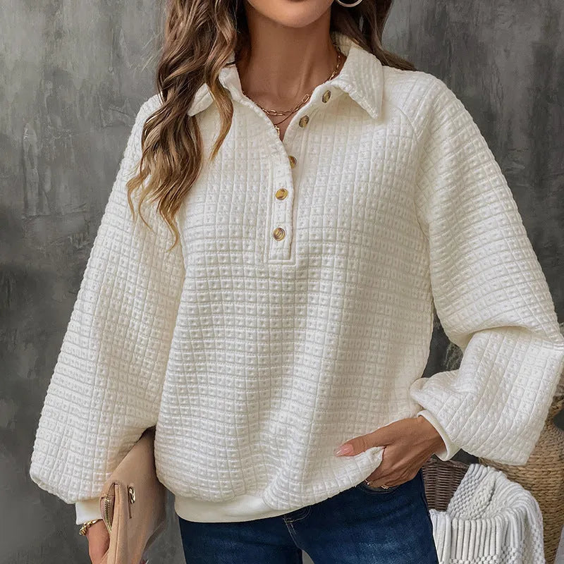 Women's Milky White polo collar sweater, a thickened polyester pullover with long sleeves.