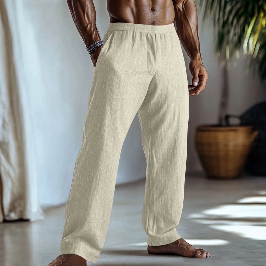 Men's cotton linen straight leg casual trousers with side pockets in light green colour
